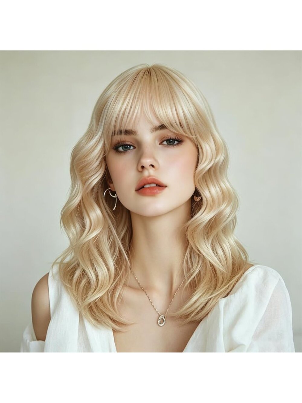 Women's Platinum Blonde Wavy Synthetic Shoulder Length Sweetie Bob Wig Bangs